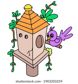 a little bird perched in an aviary, doodle draw kawaii. vector illustration art