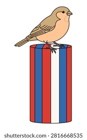 Little bird perched on top of a striped post colored with national pride colors for celebration or memorial themes.