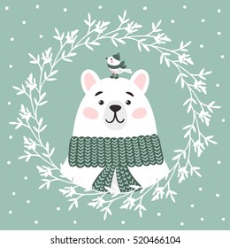 Little bird and a polar bear in the winter accessories. Funny animals celebrate New Year and Christmas. Vector illustration for the holiday season.