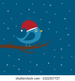 Little bird with santa cap is sitting on a branch. Vector illustration EPS10