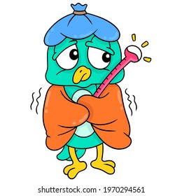 the little bird is shivering with cold due to illness with high body temperature, vector illustration art. doodle icon image kawaii.