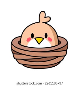 Little bird sitting in a nest - hand drawn vector illustration in kawaii style. Flat color design.