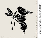 Little bird sitting on branch. Black silhouette. Linocut style. Hand drawn Vector illustration. Isolated design element. Icon, ornament, print, sticker, tattoo, decoration template