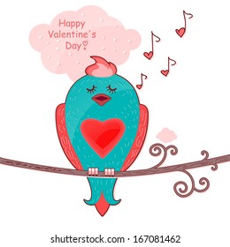 Little bird sitting on a branch and sings. Postcard to Valentinov Day Postcard to Valentinov Day