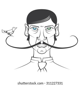 little bird sitting on a long mustache man