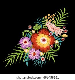 Little bird standing on beautiful flowers branch embroidery stitches design. Vector illustration