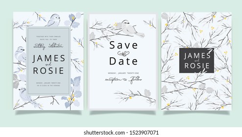 Little Bird Wedding Invitation set, floral invite thank you, rsvp modern card Design in yellow floral with gray leaf greenery  branches decorative Vector elegant rustic template