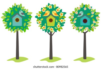 Little birds and birdhouses on trees. Vintage version.