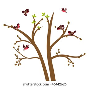 Little birds chirp on spring tree. Vector illustration