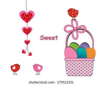 Little birds and easter basket with eggs