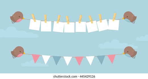 Little birds holding up your message and some bunting.