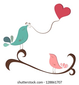 Little birds in love with heart balloon on branch