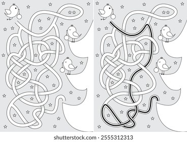 Little birds on Christmas Eve maze for kids with a solution in black and white