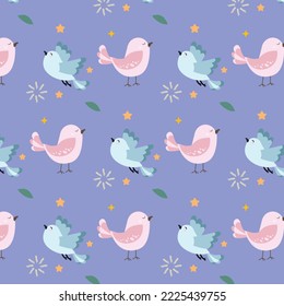 little birds pattern vector on purple background, cute birds template.