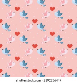 little birds with red hearts on pink background, Cute birds pattern