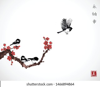 Little birds and sakura cherry in blossom on white background. Traditional oriental ink painting sumi-e, u-sin, go-hua.  Hieroglyphs - beauty, eternity, freedom, happiness.