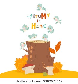 Little Birds sitting on Stump in Autumn Forest