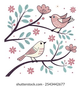 little birds and variant flowers cute pattern illustration