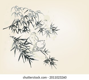 little birds vector card japanese chinese nature ink illustration engraved sketch traditional