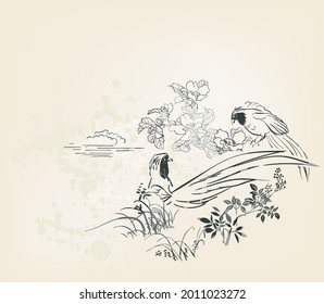 little birds vector card japanese chinese nature ink illustration engraved sketch traditional