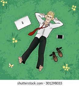 A Little Bit of Freedom. Young businessman, lying down and relaxing on grassplot with dandelion flowers; beside an electronic gadgets: laptop and smartphone.