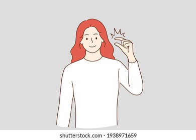 Little bit and small amount concept. Smiling red haired woman cartoon character showing little bit gesture, showing something insignificant vector illustration 