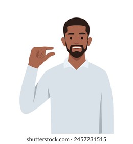 Little bit and small amount concept. Smiling young man cartoon character showing little bit gesture. Flat vector illustration isolated on white background