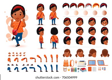 Little Black African Girl Student Character Creation Kit Template With Different Facial Expressions, Hair Colors, Body Parts And Accessories. Vector Illustration.
