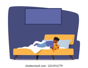 Little Black Baby Boy Wear Pajama with Toy in Hands Sleeping on Bed Side View. Kid Character Lying in Relaxed Pose on Comfortable Sleeping Place at Home Bedroom. Cartoon People Vector Illustration