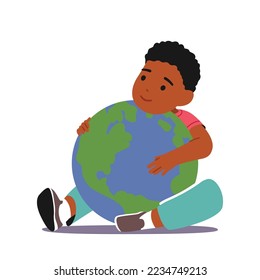 Little Black Baby Hugging Earth Planet. Kid Boy Character Embrace Sphere with Continents and Oceans. Save Nature, Ecology Protection, World Earth Day Celebration Concept. Cartoon Vector Illustration