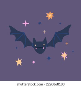 Little black bat flying through the night sky. Bat vampire. Halloween vector cartoon illustration of cute friendly black bat character, flying with wings spread.