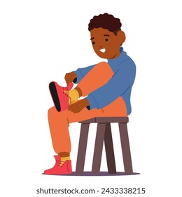 Little Black Boy Character, Perched On A Chair, Diligently Puts On His Shoes, Fingers Fumbling With Laces. Determination In His Eyes, Ready For The Day Adventures. Cartoon People Vector Illustration