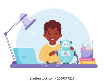 Little black boy creating a robot. Robotics, programming and engineering for kids. Vector illustration