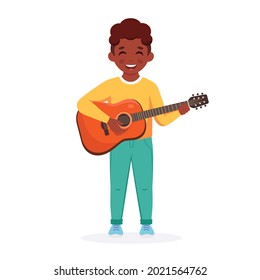 Little black boy with guitar. Boy playing guitar. Child playing musical instrument. Vector illustration