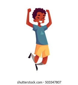 Little black boy jumping from happiness, cartoon vector illustrations isolated on white background. Happy African American boy in shorts and t-shirt jumping in excitement