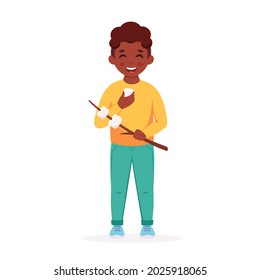 Little black boy with marshmallow. Boy scout. Camping, summer kids camp concept. Vector illustration