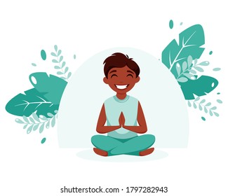 Little Black Boy Meditating. Children's Healthy Lifestyle, Yoga, Meditation, Exercise. Vector Illustration.