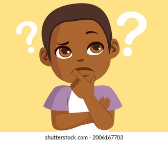 Little Black Boy Pensive Thinking With Question Mark On Yellow Background