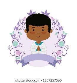 little black boy with wreath flowers first communion