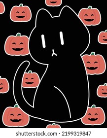 A little black cat on pumpkin background. Vector illustration.