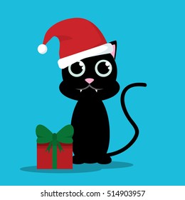 Little black cat with Santa's hat and beautiful gift vector illustration
New Year and Christmas celebration