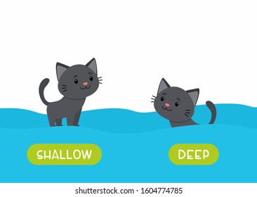 Little black cat swimming cartoon illustration. Educational english flash card with antonyms flat vector template. Childish memo cards for language learning concept. Opposites, deep and shallow 