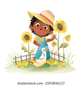 Little black child girl on a farm among sunflowers with ducks and ducklings. Spring and summer kids cartoon, kids on a farm and summer vacations. Cute girl character on a farm for children.