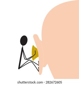 Little black colored cartoon style man trying to remove impacted earwax from the big man`s ear isolated on white background. Concept of qualified medical aid