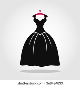 Little Black Dress  Icon.Fashion Logo Template,background.Vector Black Party Dress.Isolated Sign On White.Simple Flat Vector Dress Silhouette Hanging On Pink Hanger.Illustration