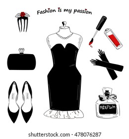 Little black dress, perfume, pearl necklace, shoes, evening gloves, lip gloss, comb, female clutch. Fashionable accessory. Evening dress.