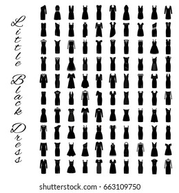 Little black dresses. Fashion big collection of 100 evening gowns. One hundred cocktail woman clothes shopping. Flat vector illustration.