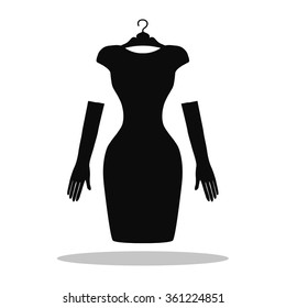 Little  Black Dress,gloves Icon.Fashion Logo Template,background.Vector Black Party Dress.Isolated Sign On White.Simple Flat Vector Dress Silhouette. Dress Icon Object.EPS Icon.Flat Little Black Dress
