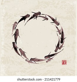 Little black fishes hand drawn in traditional Japanese style sumi-e