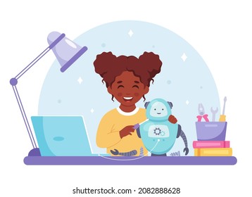 Little Black Girl Building A Robot. Robotics, Programming And Engineering For Kids. Vector Illustration